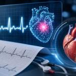 AI analyzing a patient's electrocardiogram (ECG) on a medical monitor to identify hidden sudden cardiac death risk in a modern hospital cardiology setting.