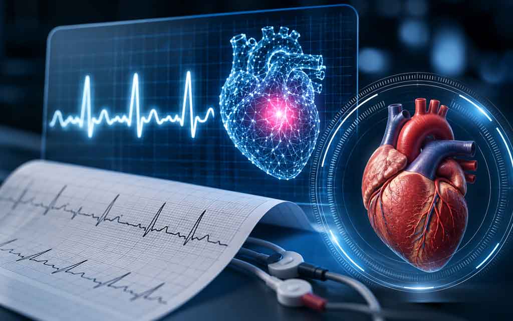AI analyzing a patient's electrocardiogram (ECG) on a medical monitor to identify hidden sudden cardiac death risk in a modern hospital cardiology setting.