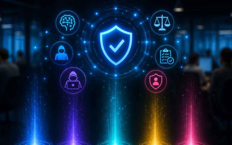 Illustration representing AI safety careers in 2026 featuring AI alignment research, red teaming, governance, model evaluation, cybersecurity, and responsible artificial intelligence development.