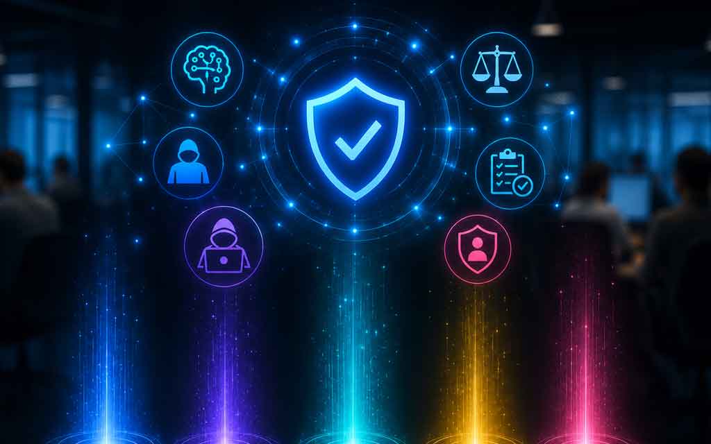 Illustration representing AI safety careers in 2026 featuring AI alignment research, red teaming, governance, model evaluation, cybersecurity, and responsible artificial intelligence development.