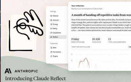 Claude Reflect dashboard displaying monthly AI usage analytics, peak activity times, work topics, productivity insights, and digital wellness settings