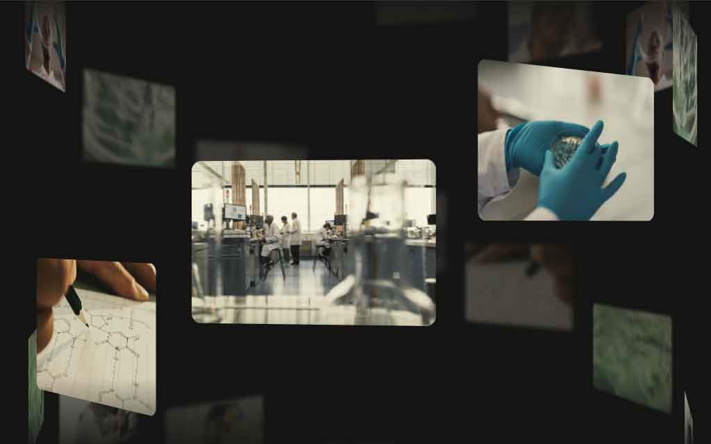 Scientist using Anthropic Claude Science AI workbench with genomics data, molecular visualization, scientific charts, and AI-assisted research in a modern laboratory.