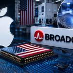 Concept illustration of Apple and Broadcom collaborating on U.S.-made semiconductor chips for future Apple devices.