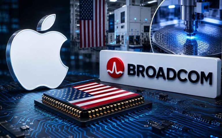 Concept illustration of Apple and Broadcom collaborating on U.S.-made semiconductor chips for future Apple devices.
