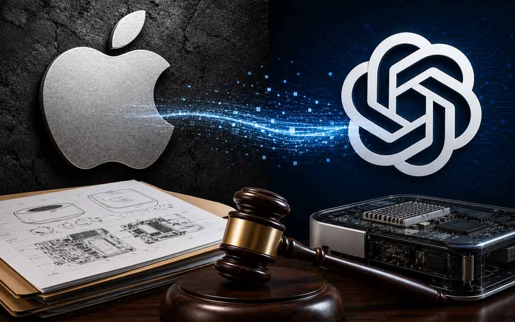 Concept illustration showing Apple and OpenAI in a legal dispute over AI hardware trade secrets with courtroom elements, AI chips, and prototype devices