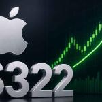 Apple logo displayed with a rising stock market chart representing Apple shares reaching a new all-time high above $322
