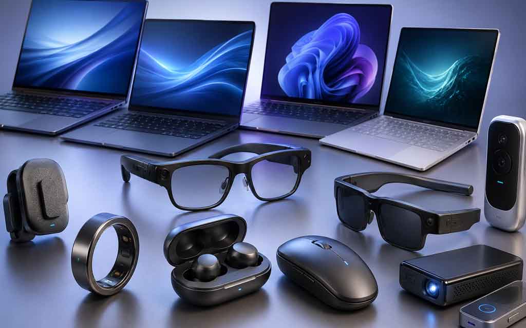 Collection of AI-powered gadgets including AI laptops, smart glasses, AI earbuds, smart rings, and productivity devices releasing in July 2026.
