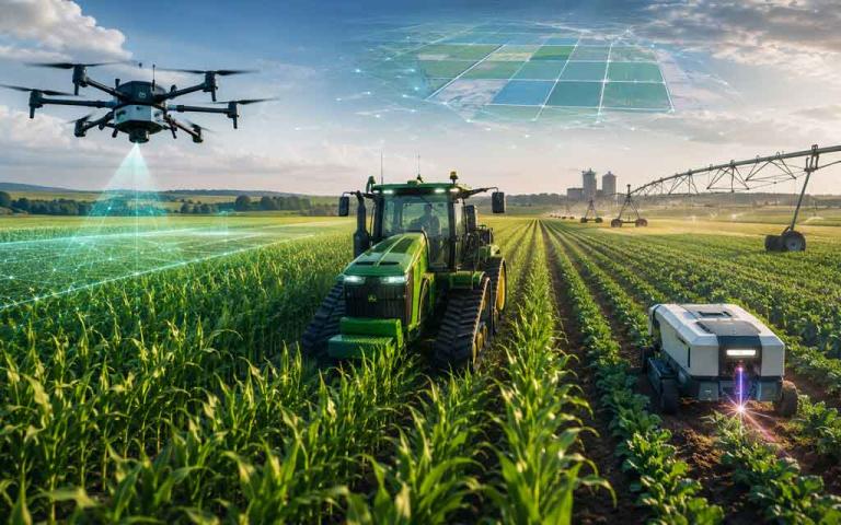 AI-powered farming technologies including autonomous tractors, agricultural drones, smart irrigation systems, and precision agriculture tools used by American farmers in 2026.
