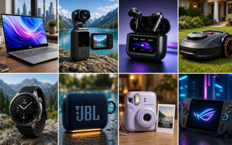 Collection of the best gadgets released in June 2026 featuring the Dell XPS 13 laptop, Insta360 Luna Ultra camera, Soundcore Liberty 5 Pro Max earbuds, Amazfit Balance 3 smartwatch, JBL Go 5 speaker, Anker Solix power station, Segway robotic mower, and Polaroid Go Generation 3 camera.