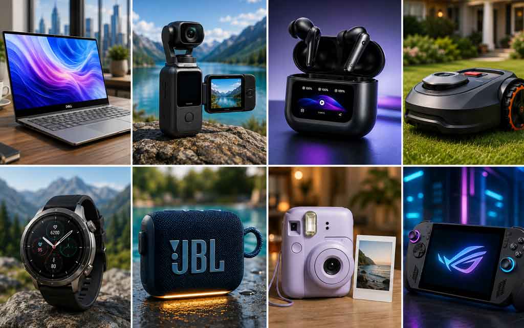 Collection of the best gadgets released in June 2026 featuring the Dell XPS 13 laptop, Insta360 Luna Ultra camera, Soundcore Liberty 5 Pro Max earbuds, Amazfit Balance 3 smartwatch, JBL Go 5 speaker, Anker Solix power station, Segway robotic mower, and Polaroid Go Generation 3 camera.