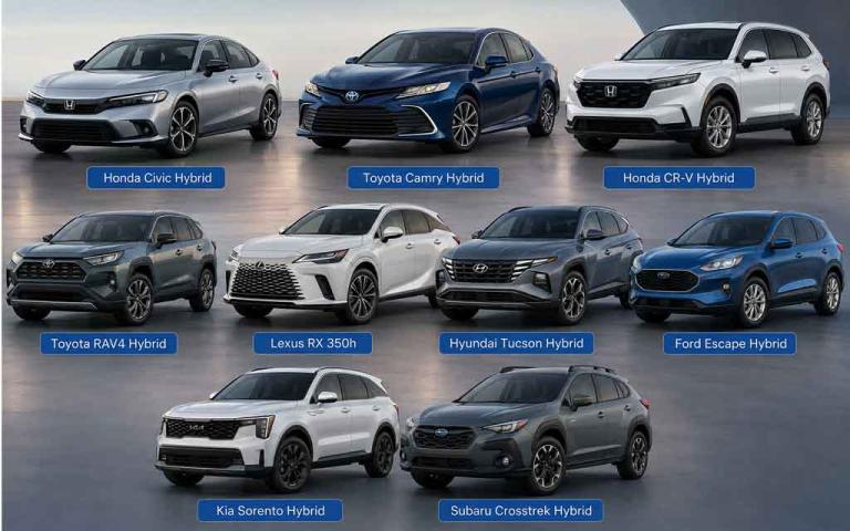 2026 Honda Civic Hybrid, Toyota Camry Hybrid, Toyota RAV4 Hybrid, Honda CR-V Hybrid, Hyundai Tucson Hybrid, and Lexus RX 350h displayed together