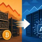 Modern AI data center built from a former Bitcoin mining facility with GPU server racks, power infrastructure, and digital Bitcoin and AI graphics representing the industry's transition in 2026.