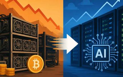 Modern AI data center built from a former Bitcoin mining facility with GPU server racks, power infrastructure, and digital Bitcoin and AI graphics representing the industry's transition in 2026.