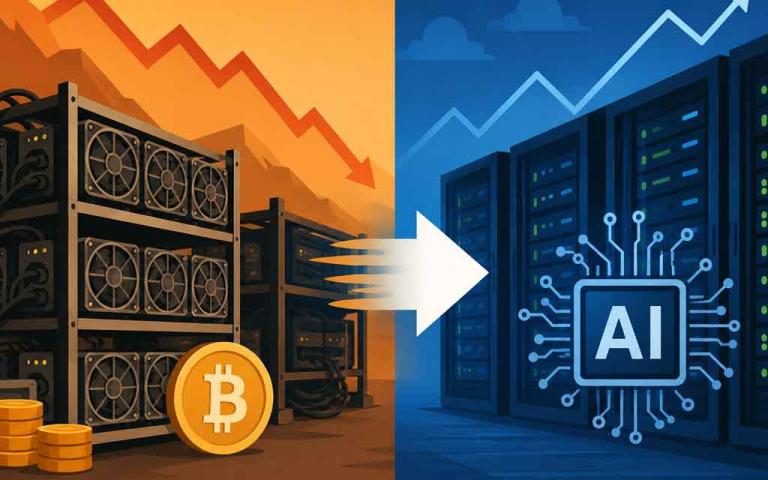 Modern AI data center built from a former Bitcoin mining facility with GPU server racks, power infrastructure, and digital Bitcoin and AI graphics representing the industry's transition in 2026.