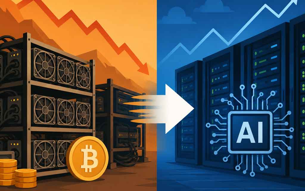 Modern AI data center built from a former Bitcoin mining facility with GPU server racks, power infrastructure, and digital Bitcoin and AI graphics representing the industry's transition in 2026.