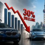 BMW luxury electric and gasoline vehicles in a Chinese metropolitan showroom representing the company's 30 percent sales decline in China during 2026