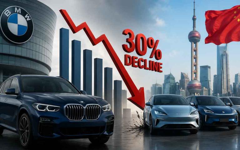 BMW luxury electric and gasoline vehicles in a Chinese metropolitan showroom representing the company's 30 percent sales decline in China during 2026
