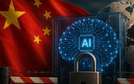 Illustration of China's AI ecosystem with advanced AI models and global network connections representing proposed restrictions on overseas access.