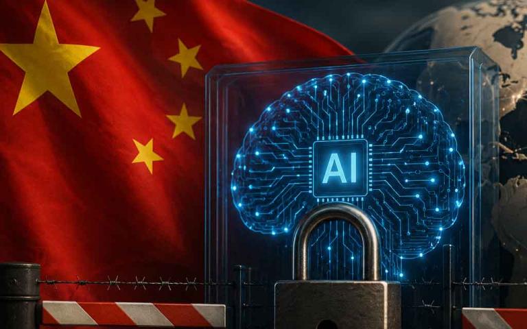 Illustration of China's AI ecosystem with advanced AI models and global network connections representing proposed restrictions on overseas access.
