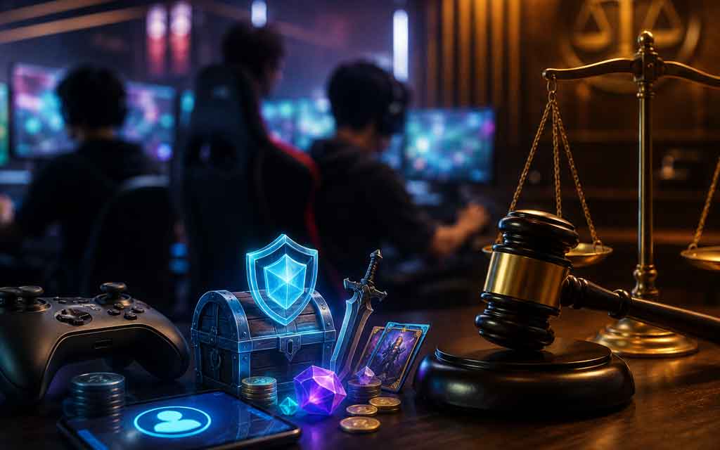 Illustration of gaming accounts, virtual items, and digital assets being legally transferred to heirs following a landmark Chinese court ruling