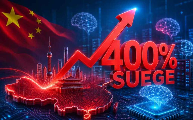 Illustration showing China's AI ecosystem with neural networks, AI chips, developers, and leading Chinese AI models competing in the global artificial intelligence race