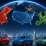 Comparison chart showing EV market share across China, the United States, and Europe in 2026, including BEV, PHEV, hybrid adoption, and growth trends.