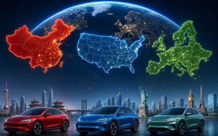 Comparison chart showing EV market share across China, the United States, and Europe in 2026, including BEV, PHEV, hybrid adoption, and growth trends.