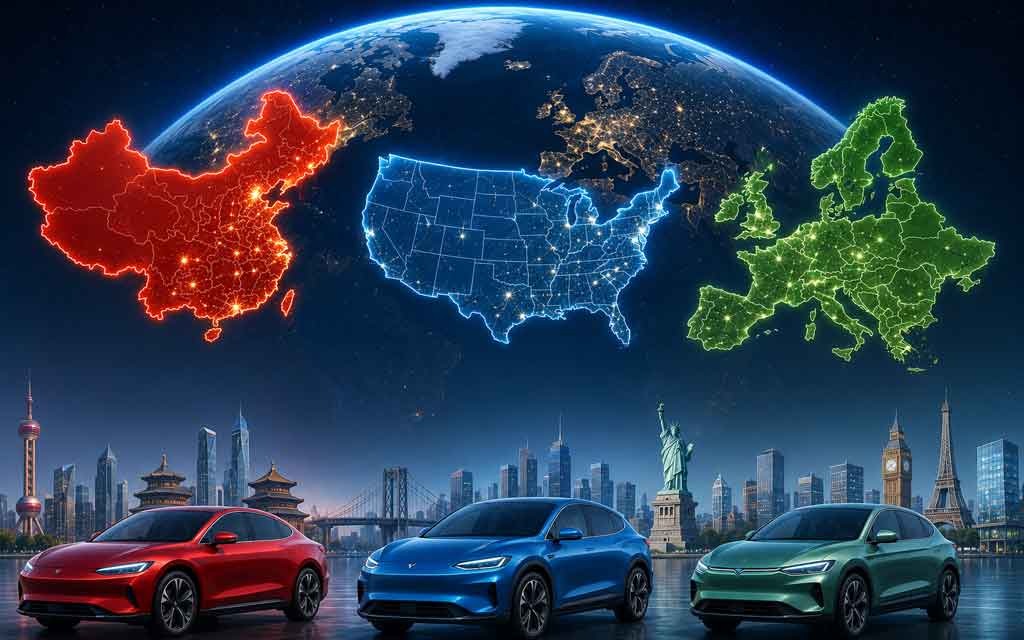 Comparison chart showing EV market share across China, the United States, and Europe in 2026, including BEV, PHEV, hybrid adoption, and growth trends.