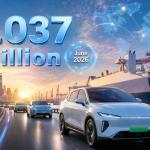 Chinese electric vehicles being loaded onto cargo ships with global shipping containers and EV technology graphics representing China's record vehicle exports in June 2026
