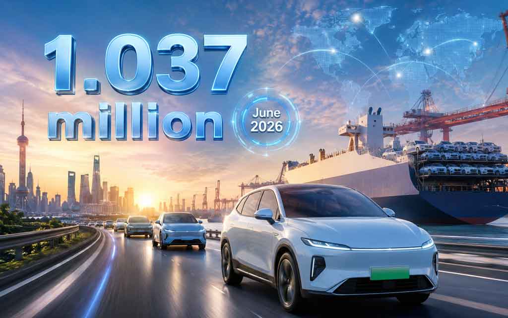 Chinese electric vehicles being loaded onto cargo ships with global shipping containers and EV technology graphics representing China's record vehicle exports in June 2026