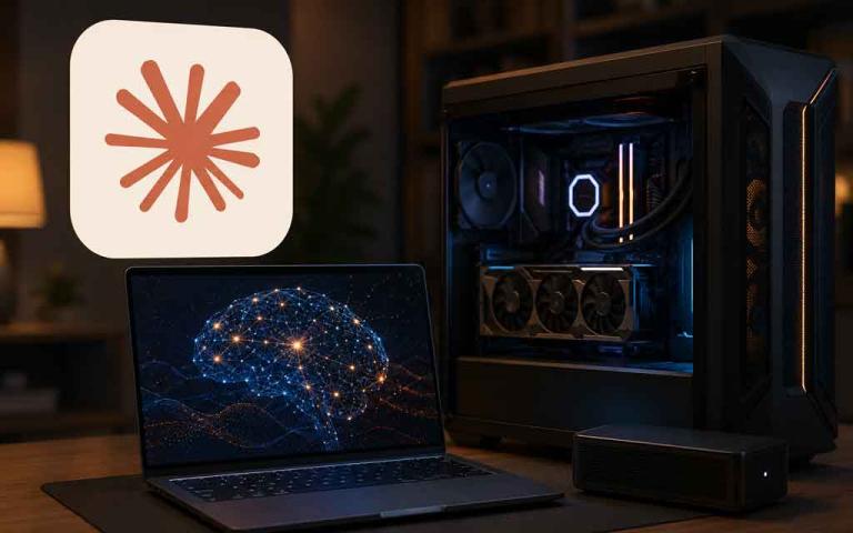 Concept illustration of Claude Fable AI running on a high-end consumer desktop with a powerful GPU for local AI inference.