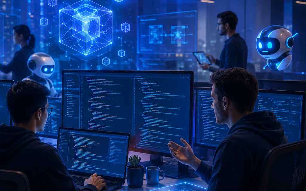 Illustration of software engineers collaborating with AI coding assistants and autonomous AI agents, representing Coinbase’s AI-driven software development and the rise of AI-powered super builders in 2026.