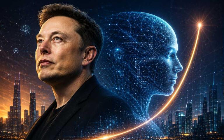 Elon Musk discussing the future of artificial intelligence and predicting AI will surpass human intelligence within five years.