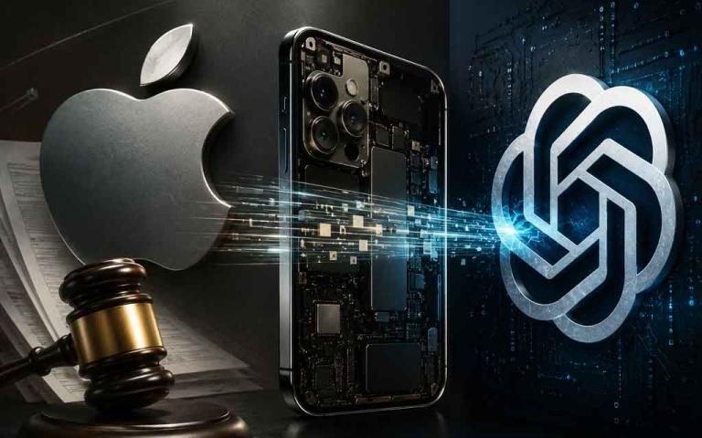 Illustration showing Elon Musk, OpenAI and Apple logos representing the legal dispute over alleged AI hardware trade secret theft