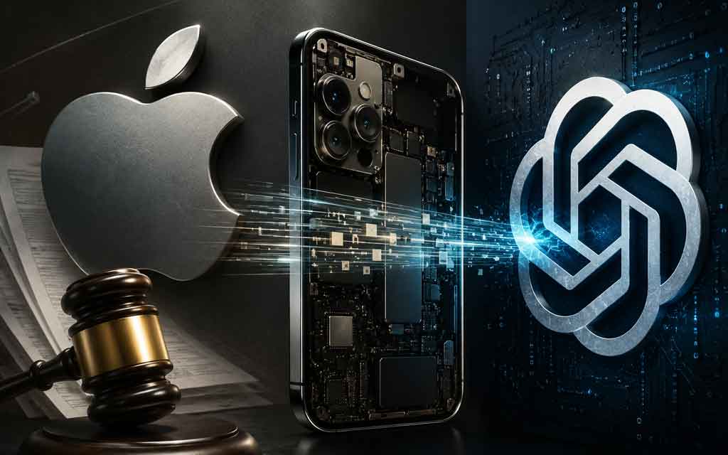 Illustration showing Elon Musk, OpenAI and Apple logos representing the legal dispute over alleged AI hardware trade secret theft