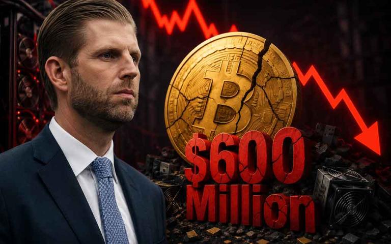 Illustration of Bitcoin mining equipment, falling stock chart, and digital Bitcoin coins representing Eric Trump’s reported losses in American Bitcoin