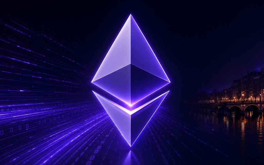 Ethereum logo representing the upcoming Glamsterdam upgrade and the Lean Ethereum roadmap for improved scalability, lower fees, and higher performance.