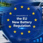 Illustration of the European Union Battery Regulation featuring EV batteries, digital battery passport QR code, recycling symbols, carbon footprint monitoring, and sustainable battery manufacturing across Europe