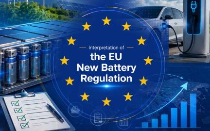 Illustration of the European Union Battery Regulation featuring EV batteries, digital battery passport QR code, recycling symbols, carbon footprint monitoring, and sustainable battery manufacturing across Europe
