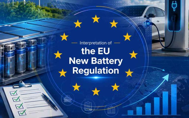Illustration of the European Union Battery Regulation featuring EV batteries, digital battery passport QR code, recycling symbols, carbon footprint monitoring, and sustainable battery manufacturing across Europe