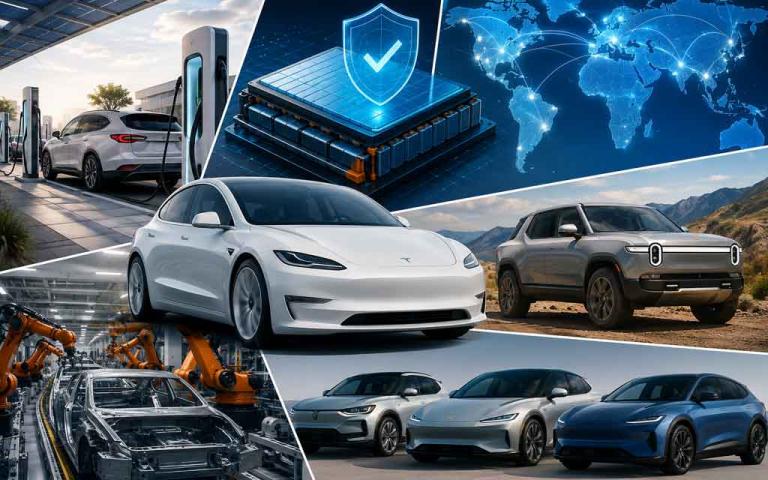 Tesla and Rivian electric vehicles highlighting Q2 2026 EV breakthroughs, Rivian R2 launch, new electric car models, and global EV industry growth.