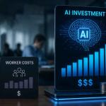 Illustration showing businesses investing heavily in AI infrastructure while reducing their workforce.