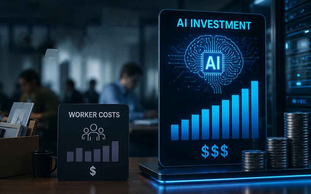 Illustration showing businesses investing heavily in AI infrastructure while reducing their workforce.