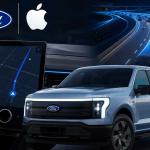 Ford electric vehicle dashboard displaying Apple Maps navigation with BlueCruise hands-free driving on the next-generation EV platform.