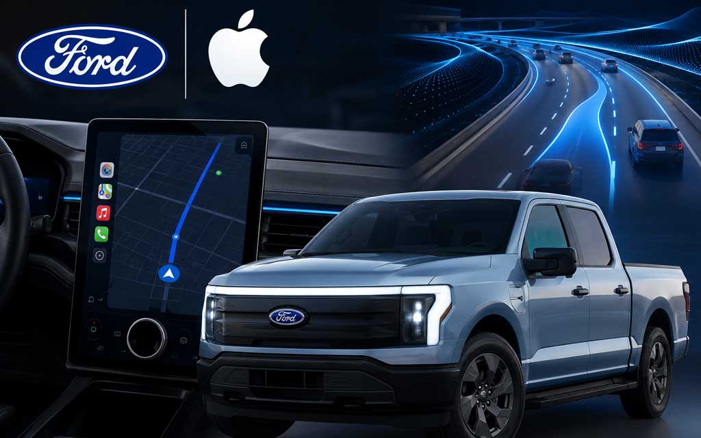 Ford electric vehicle dashboard displaying Apple Maps navigation with BlueCruise hands-free driving on the next-generation EV platform.