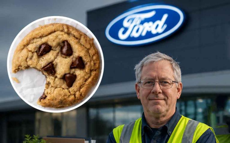 Ford employee leaving a manufacturing plant after being dismissed over a disputed $1.95 cookie purchase later proven to have been paid.