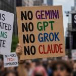 Young anti-tech activists at New York City's Summer of Ludd festival protesting AI and Big Tech with analog signs, smartphones crossed out, and community gathering atmosphere