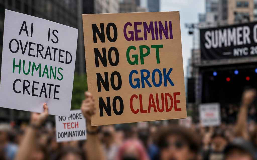 Young anti-tech activists at New York City's Summer of Ludd festival protesting AI and Big Tech with analog signs, smartphones crossed out, and community gathering atmosphere