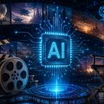 George Lucas standing inside a futuristic virtual film production studio surrounded by AI-generated cinematic visuals and advanced filmmaking technology