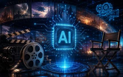 George Lucas standing inside a futuristic virtual film production studio surrounded by AI-generated cinematic visuals and advanced filmmaking technology